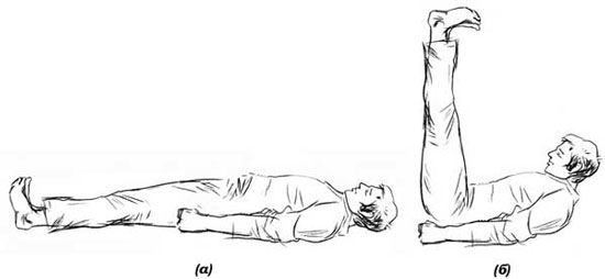 Рис.105. Упражнение №6. Подъёмы ног из положения лёжа: (а) исходная позиция; (б) конечная позиция.